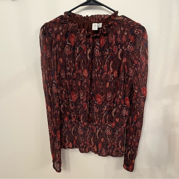 JOIE Pink And Brown Floral Smocked Hem Blouse M - Picture 1 of 5